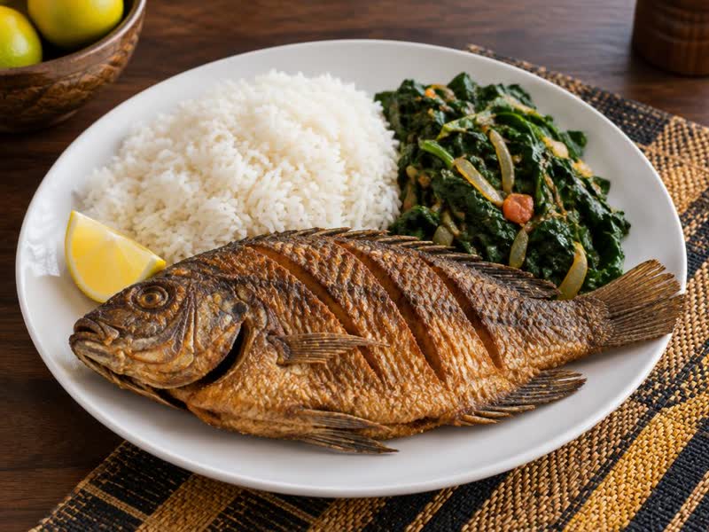 Wali na samaki wa kukaanga tayari kwa delivery